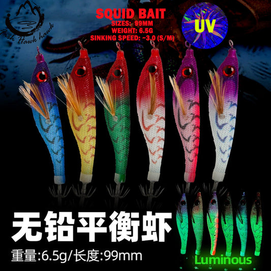 New Squid Hook #99mm/6.5g Rapid inkiSng Artificial Luminous Squid Jigging Bait Wood Shrimp Hooks for Saltwater Tackle Fishing Lure