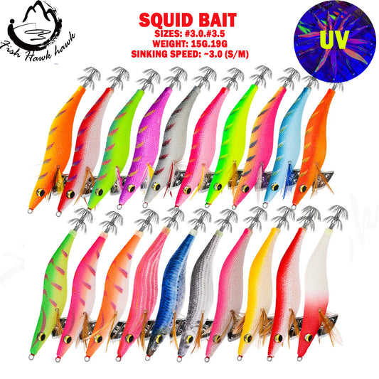 New Squid Hook #3.0/15g #3.5/19g Rapid inkiSng Artificial Luminous Squid Jigging Bait Wood Shrimp Hooks for Saltwater Tackle Fishing Lure