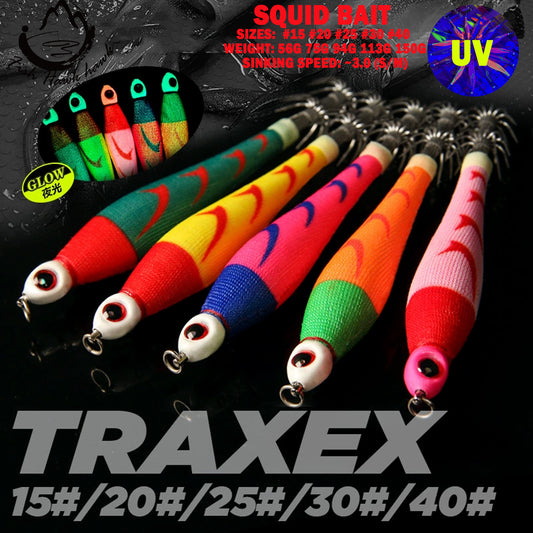 New Squid Hook #15/56g #20/75g #25/94g #30/113g #40/150g Rapid inkiSng Artificial Luminous Squid Jigging Bait Wood Shrimp Hooks for Saltwater Tackle Fishing Lure
