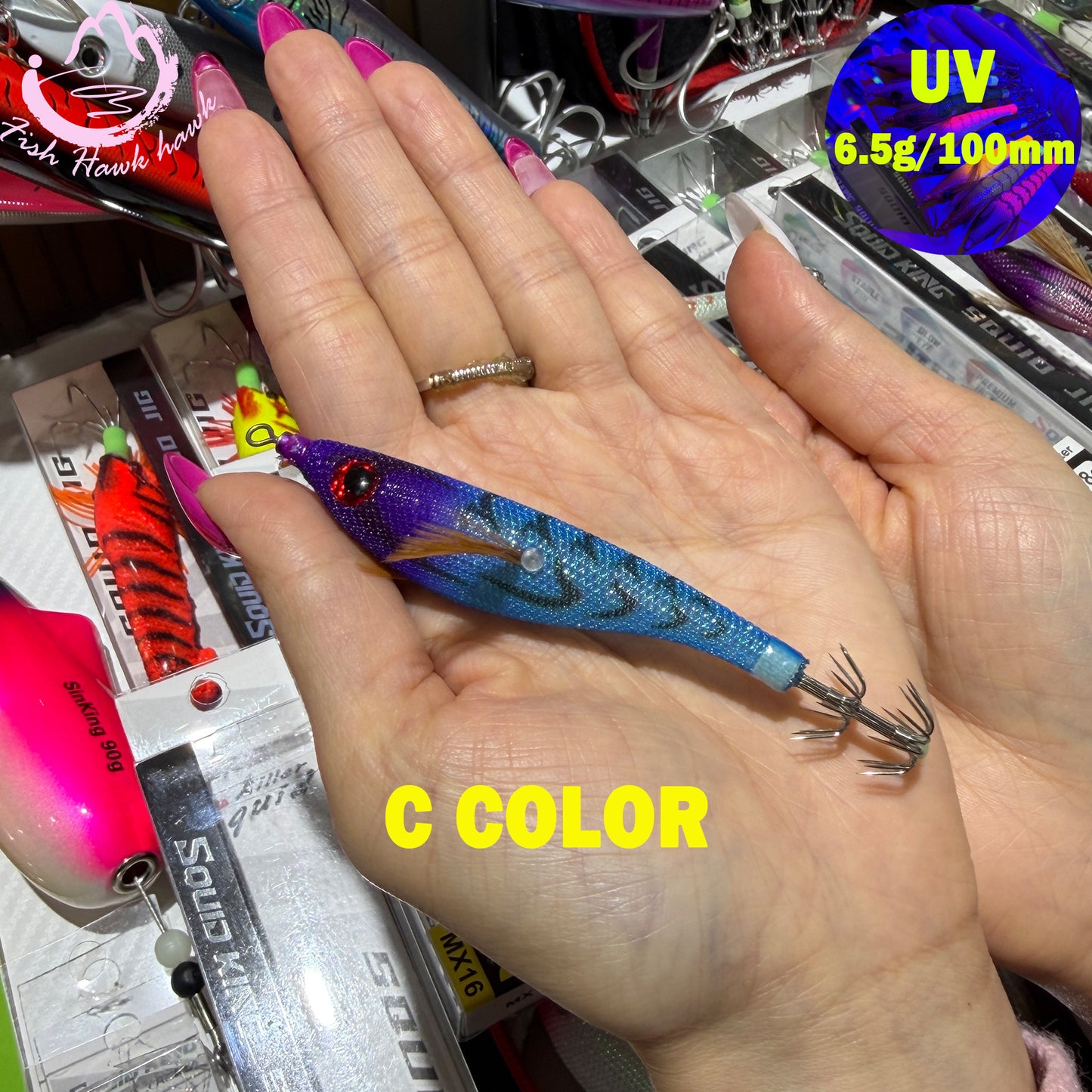 New Wholesale 2.5# Squid Jigs 6.5g 10cm UV Luminous PVC/ABS Shrimp Bait Glow Night Fishing Lures 3D Eyes Stainless Squid Hook