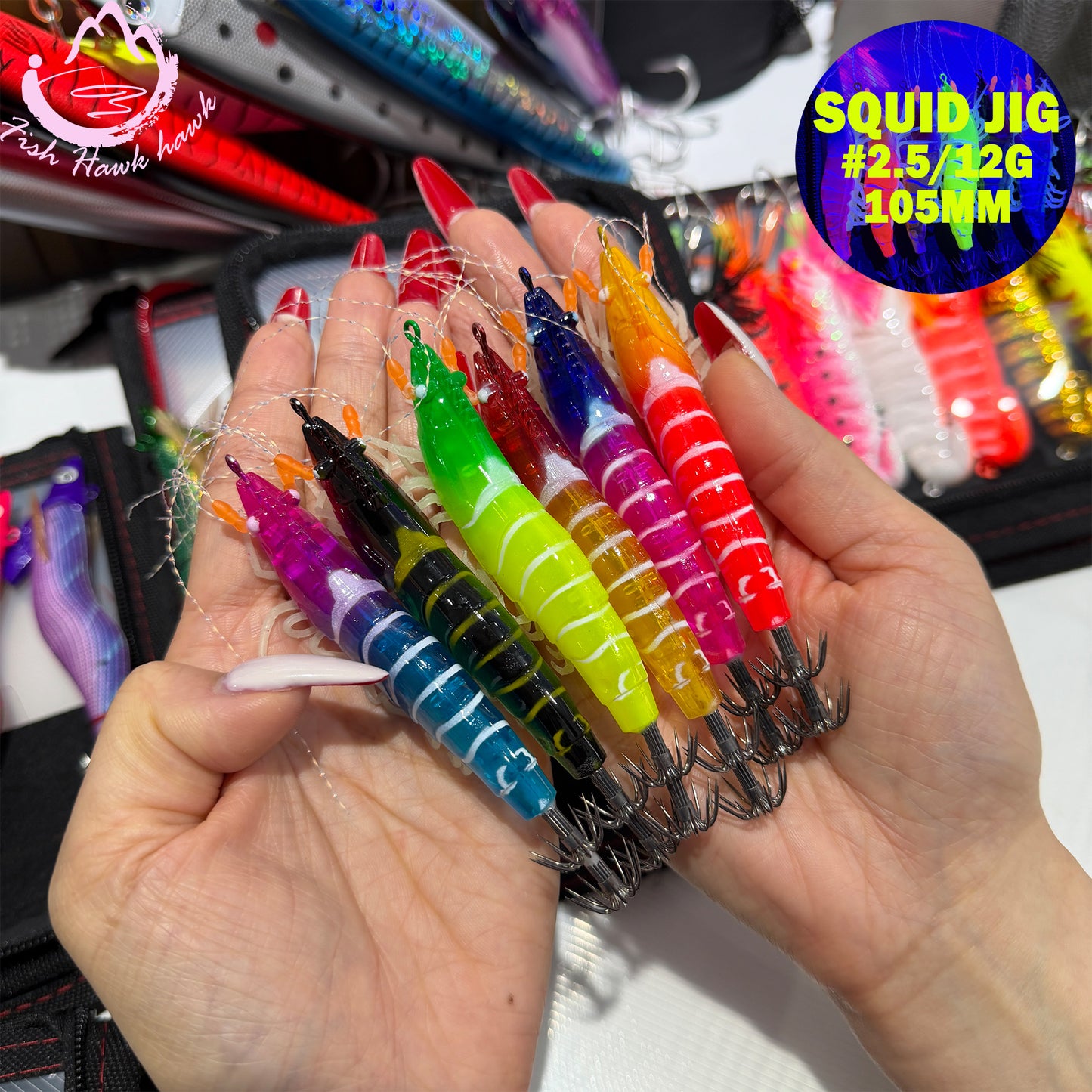 New High Glow Squid Jig Lure #2.5 #3.0 – Realistic Shrimp Body, Sharp Crown Hooks for Squid & Cuttlefish Squid Hook