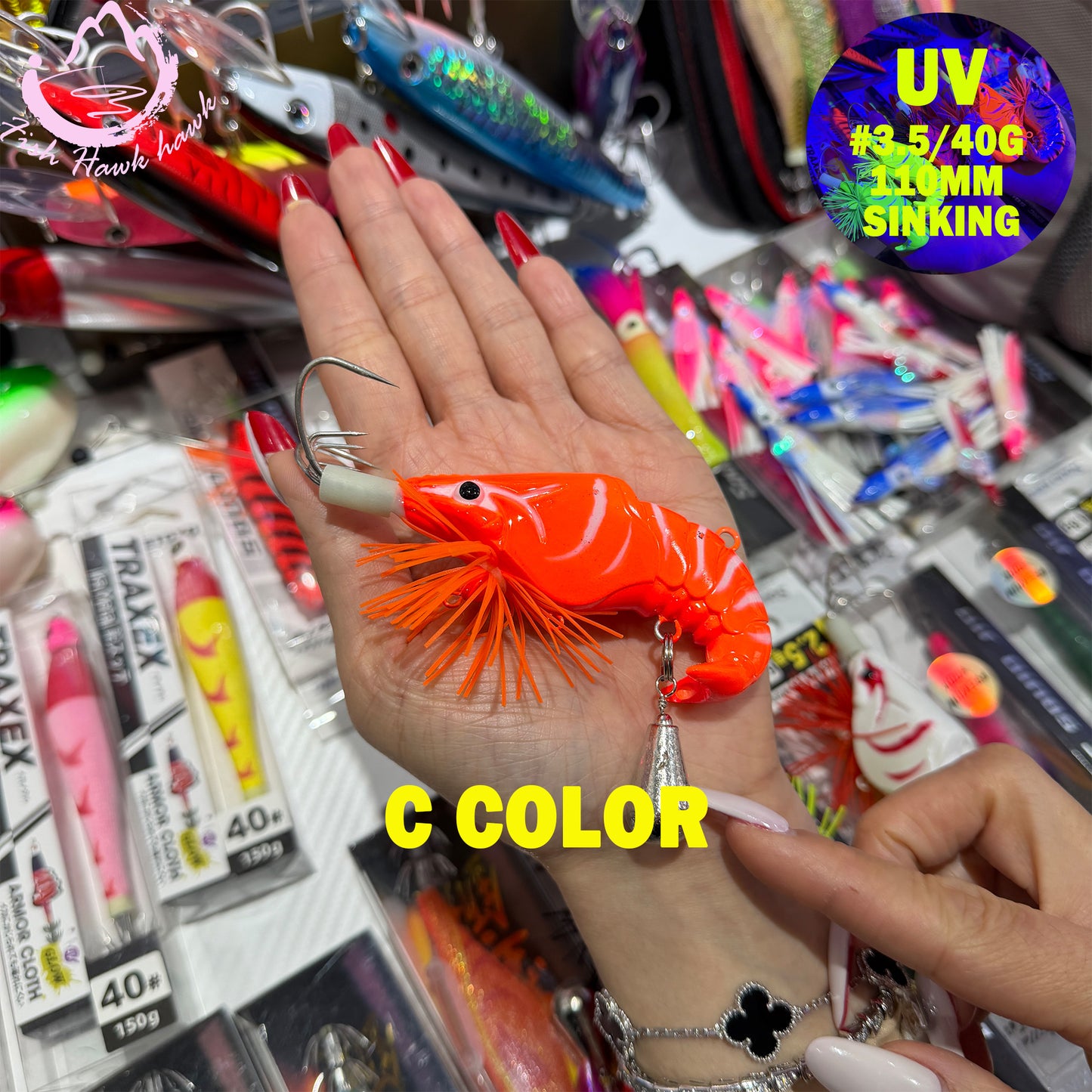 New #3.5/40g Luminous Shrimp Jig Squid Hook Saltwater Lure Glow Metal Bait for Deep Sea Jigging Bright for Snapper, Grouper Tuna Squid Hook