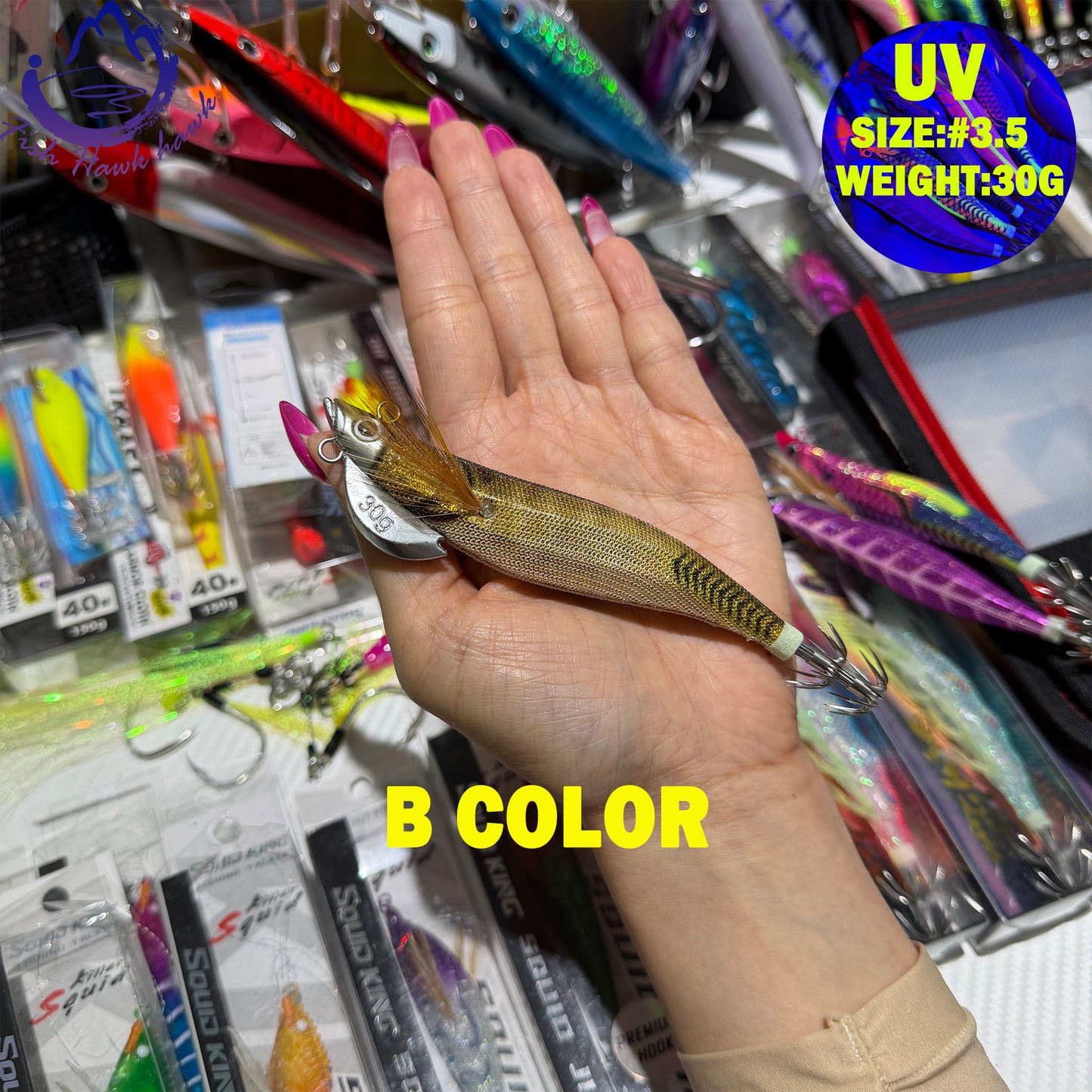 New 30g ABS Squid Hook Wooden Shrimp Lure #3.5 UV Glow Octopus/Squid Jigging Fishing Lure Deep Sea Saltwater & River Fishing Squid Hook