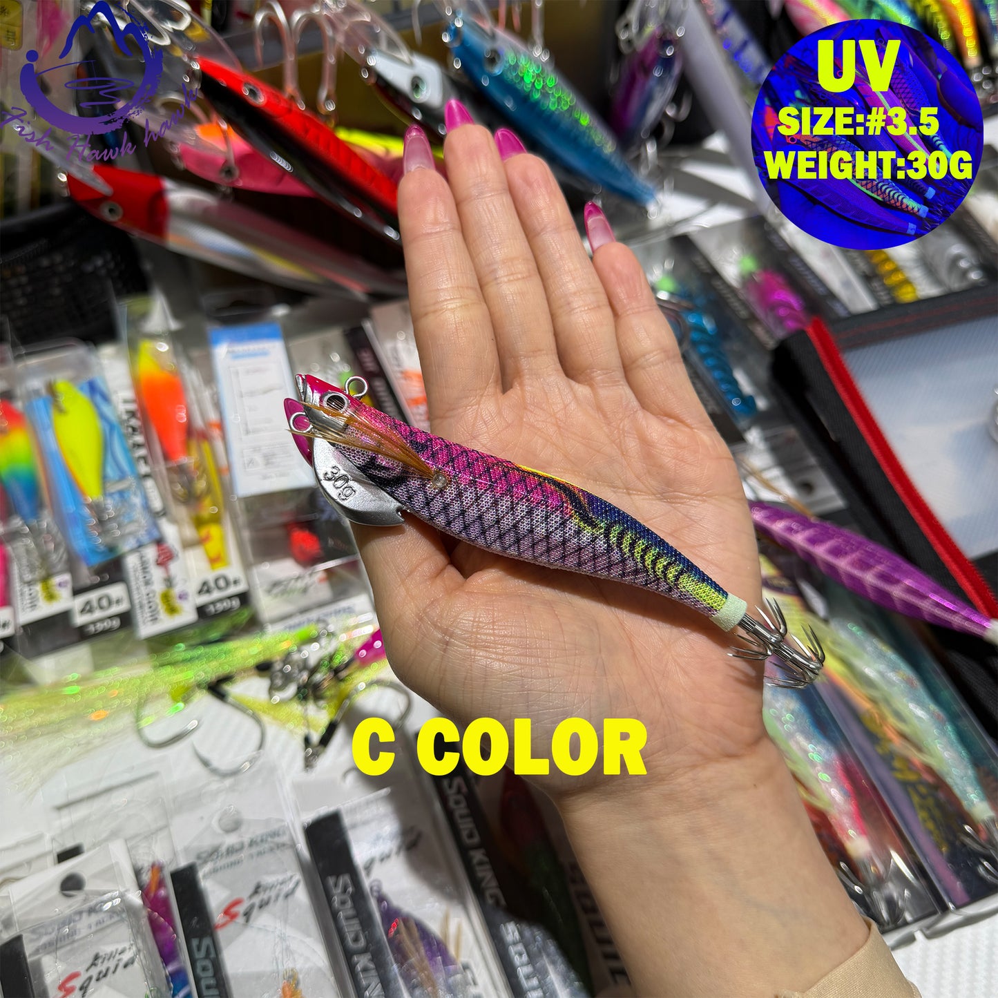 New 30g ABS Squid Hook Wooden Shrimp Lure #3.5 UV Glow Octopus/Squid Jigging Fishing Lure Deep Sea Saltwater & River Fishing Squid Hook