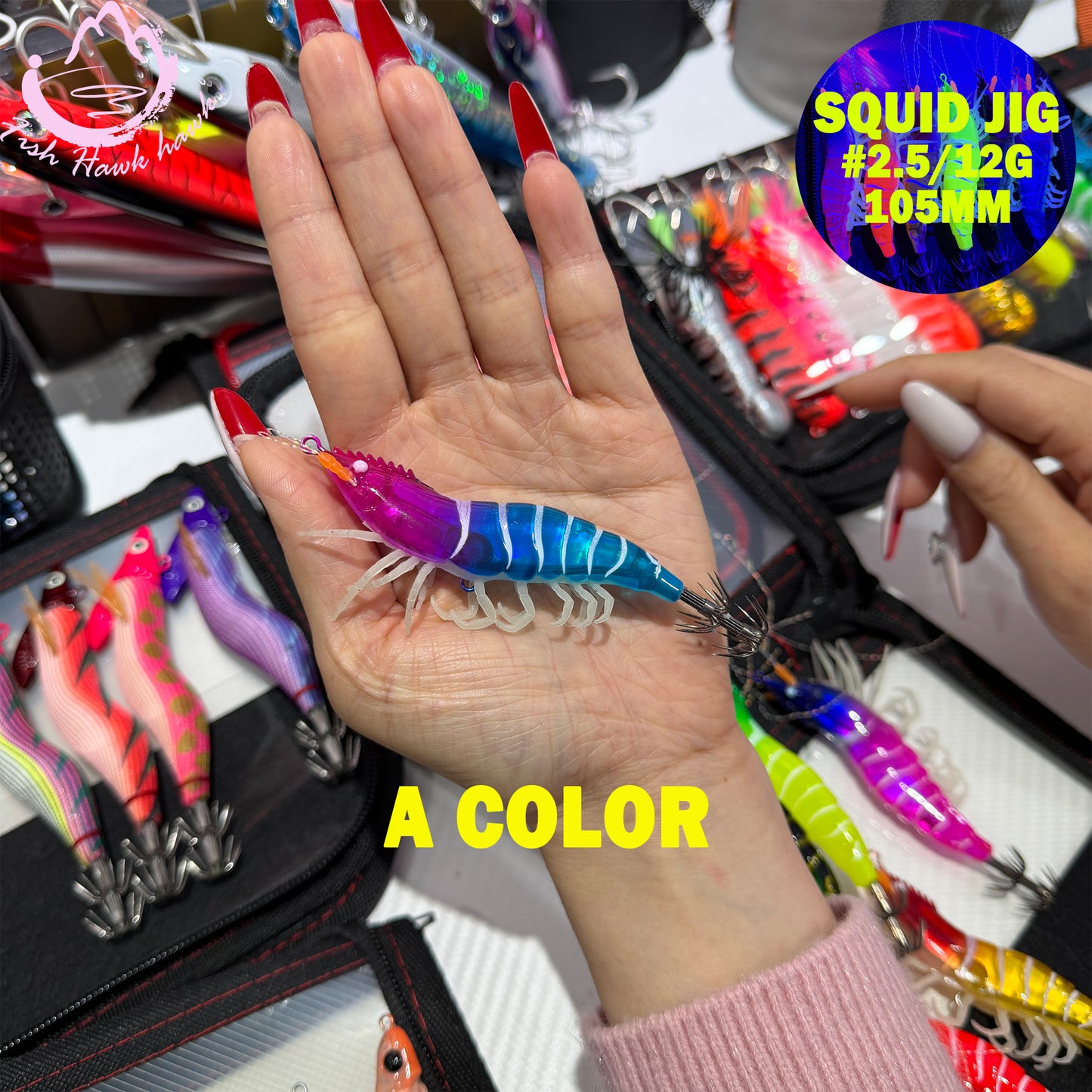 New High Glow Squid Jig Lure #2.5 #3.0 – Realistic Shrimp Body, Sharp Crown Hooks for Squid & Cuttlefish Squid Hook