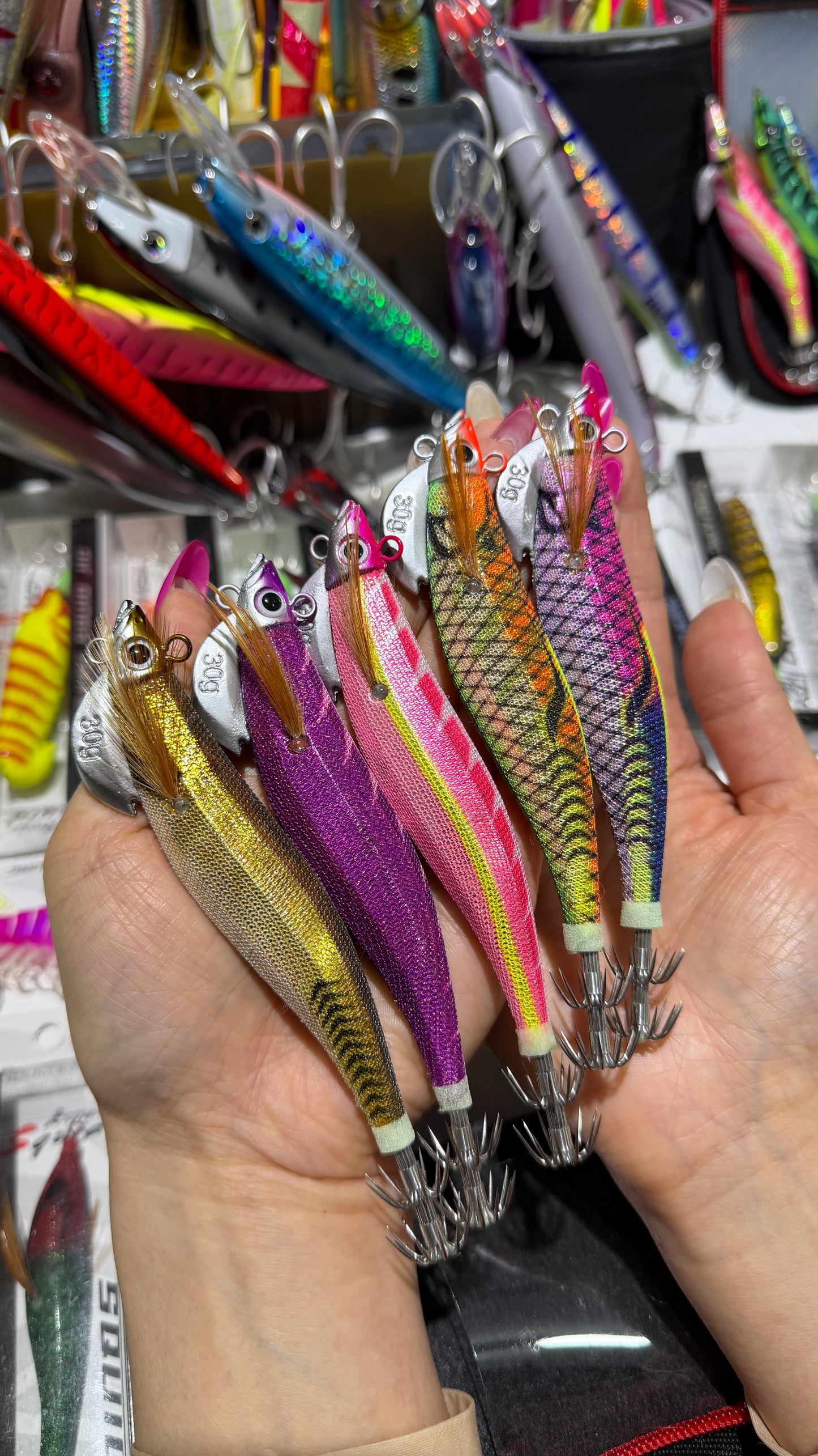 New 30g ABS Squid Hook Wooden Shrimp Lure #3.5 UV Glow Octopus/Squid Jigging Fishing Lure Deep Sea Saltwater & River Fishing Squid Hook