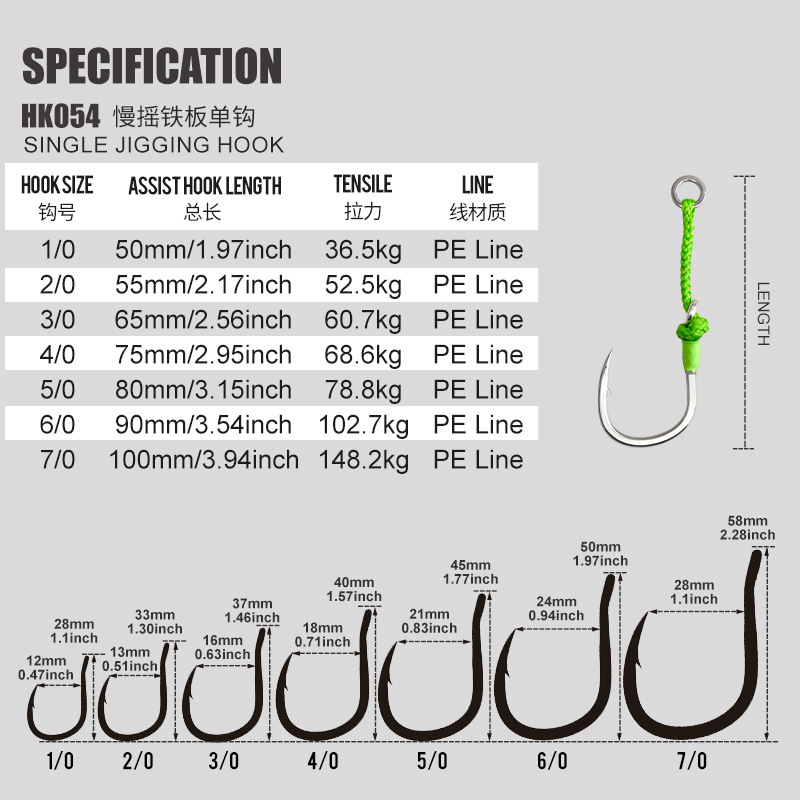 Slow Jigging Assist hook High Carbon Steel Single Barbed Jig Hooks with Braided PE Line 1/0 2/0 3/0 4/0 5/0 6/0 7/0 Saltwater Fishing Hooks for Boat &amp; Deep Sea Jigging