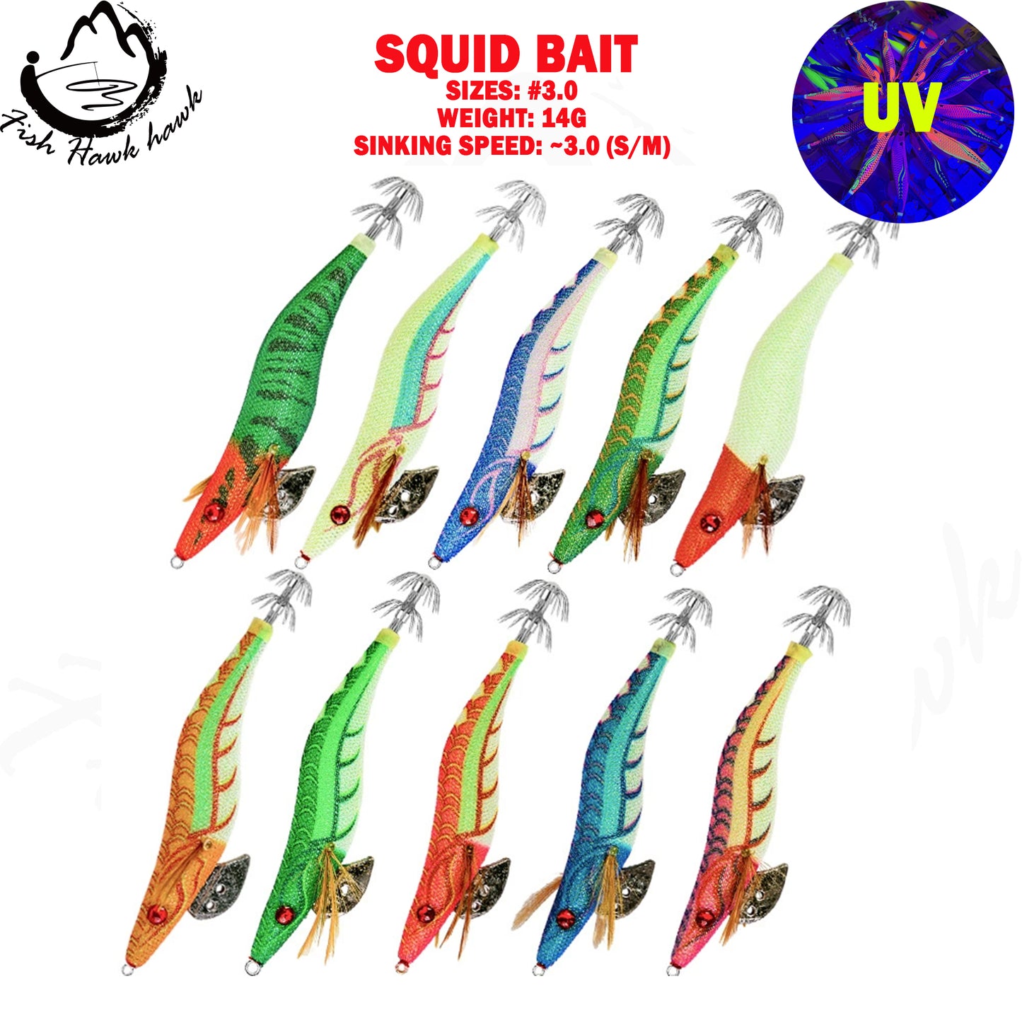New Squid Hook #3.0/14g Rapid inkiSng Artificial Luminous Squid Jigging Bait Wood Shrimp Hooks for Saltwater Tackle Fishing Lure